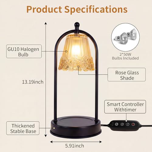 YWYWLED Vintage Rose Candle Warmer Lamp with Timer & Dimmer - Portable Iron Base, Amber Glass Shade, 2 Bulbs Included - El...