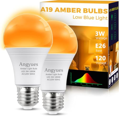 Angyues Amber Sleep Light Bulbs, Blue Light Blocking, A19 3W(25 Watt Equivalent) Dim Light Bulbs for Lamp,1800K Warm Light...