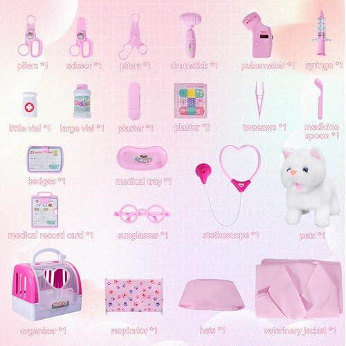 Doctor Kit for Girls -Vet Play Sets for Kids, Pretend Play Doctor Set with Pet Cage and Kitten Toy, Doctor Play Gift for K...