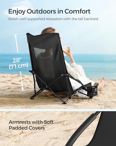 SONGMICS Set of 2 Portable Beach Chairs for Adults, Max. Load 330 lb Each, High Backrest, Cup Holder, Lightweight, Heavy-D...