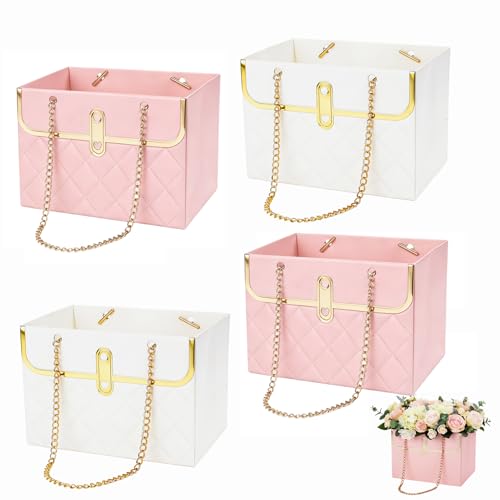 Flower Paper Gift Box, 4PCS Bouquet Storage Bucket Paper Flower Handbag Boxes with Metal Chain Flower Bags for Bouquets Mo...