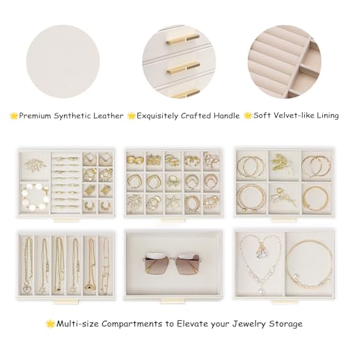 VLANDO 6-Drawer Jewelry Box with Glass Lid, Faux Leather Organizer for Rings Earrings Necklaces and More, Gift-Ready Jewel...
