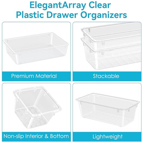 ElegantArray 12 PCS Drawer Organizer Set, 4 Sizes Tool Storage Trays, Clear Plastic Makeup Vanity Organizer and Storage Bi...