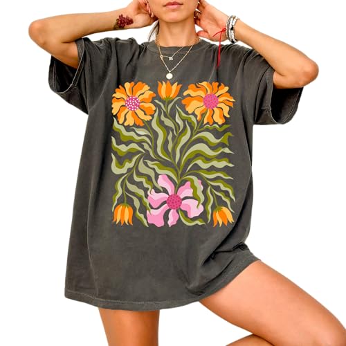 Retro 70s Floral Design - Womens Comfort Colors - Pepper Grey Groovy Botanical Wildflower Graphic Tee