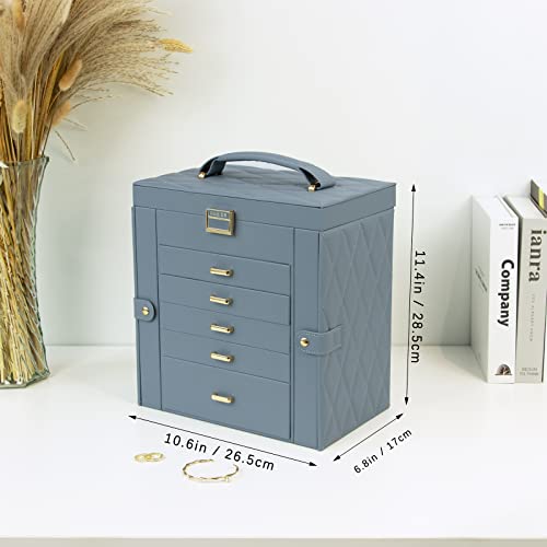 KAMIER Jewelry Box for Women, 6-Layer Large Jewelry Organizer Box with Mirror & 5 Drawers for Rings, Earrings, Necklaces, ...
