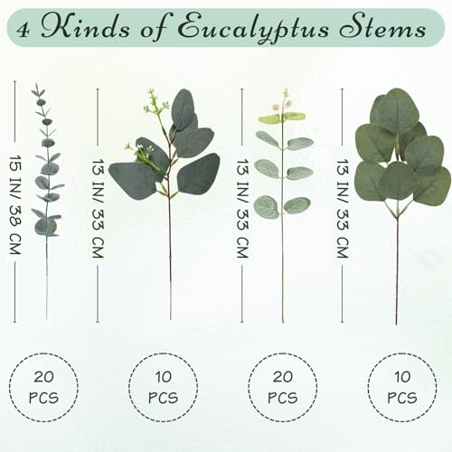 FENYUAN Eucalyptus Stems Bulk 60 Pcs, 4 Kinds Mixed Artificial Silver Dollar Eucalyptus Leaves Bundle Faux Greenery Branch...