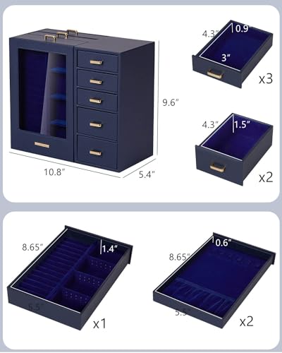 Homde Large Jewelry Box/Organizer/Case with Glass Window, Drawers for Necklaces Earrings Rings Bracelets Watches Gift for ...