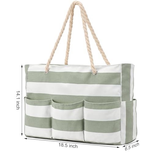 Becokan Beach Bags for Women Canvas Large Beach Tote Bag Zipper Waterproof Sandproof Foldable Swim Pool Bag with 7 Pockets