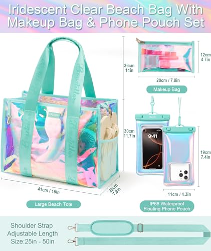 Bagstellar Iridescent Beach Tote Bags for Women, Large Zipper Beach Pool Swim Bag with Makeup Bag & Waterproof Phone Pouch...