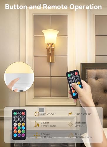 Minetom E26 Rechargeable Light Bulbs with Remote and Timer, Battery Backup Bulb with 12 Colors and Brightness Dimmable, 23...