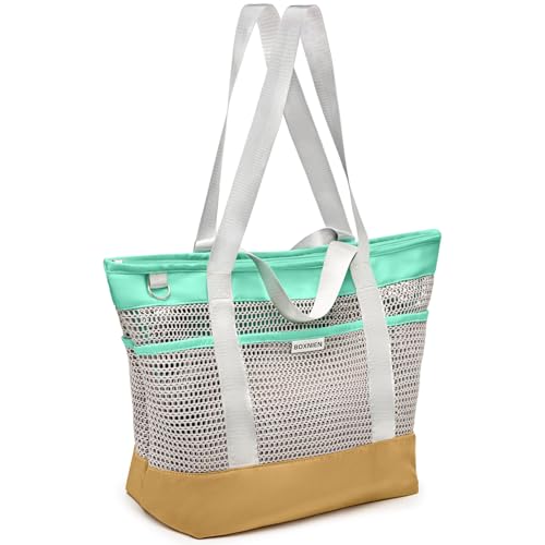BOXNIEN Mesh Beach Bag for Women - Large Foldable Tote with Waterproof Sandproof Bottom plus Zippered Top and 7 Pockets Li...