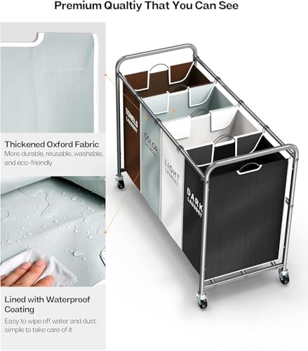 ROMOON Laundry Hamper Sorter Cart: 4-Section Organizer with Heavy-Duty Lockable Wheels and Removable Bags | 180L Rolling L...