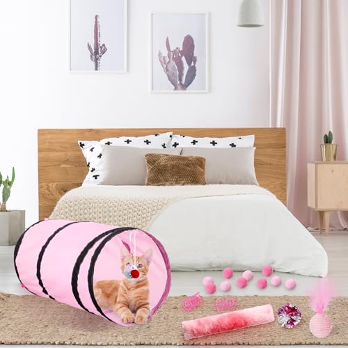 Foilswirl 24 Pcs Cat Toys Set Interactive Kitten Toys Pack Including Collapsible Play Tunnel Feather Teaser Wand Fuzzy Bal...
