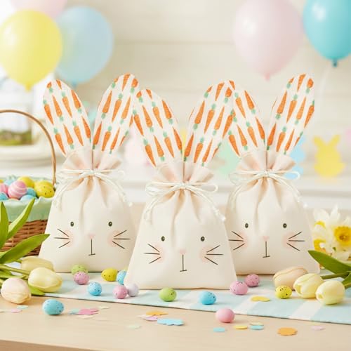 Easter Treat Bags, 3Pcs Easter Bunny Gift Bags, Reusable Burlap Rabbit Ear Gift Pouches with Drawstring for Candy Egg Hunt...