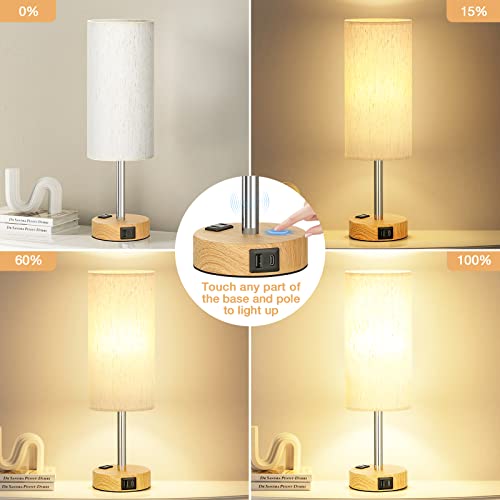 Fenmzee Bedside Table Lamp for Bedroom - 3 Way Dimmable Touch Lamp USB C Charging Ports and AC Outlet, Small Lamp Wood Bas...
