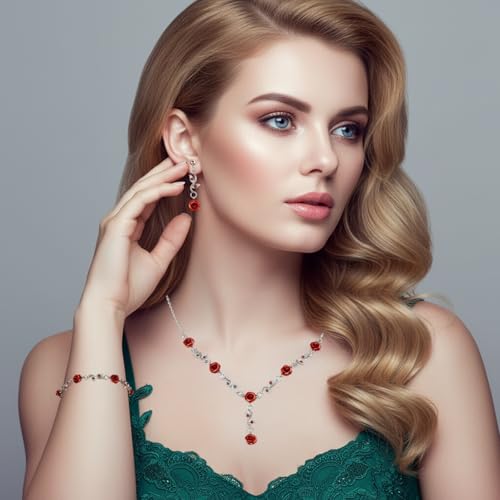 WJIAAA MBAIYO Red Rose Jewelry Set, 3Pcs Red Roses Flower Necklaces for Women Rose Dangle Necklace Bracelet Set Vintage Ea...