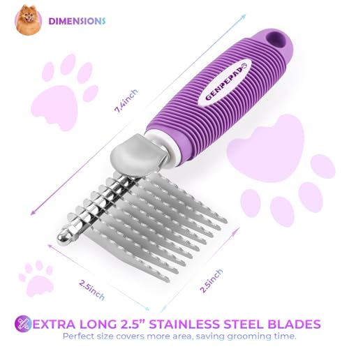 GENPEPADO Dematting Undercoat Rake Comb for Dogs & Cats with Long 2.5-In Stainless Steel Safety Blades for Removing Knots,...