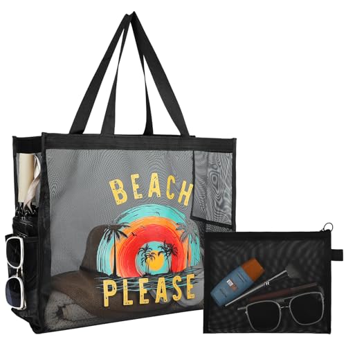 KUIRAN 30L Large Beach Bag with Pouch Foldable Sandproof Lightweight Mesh Tote Bag with Two Pockets for Swimming Travel