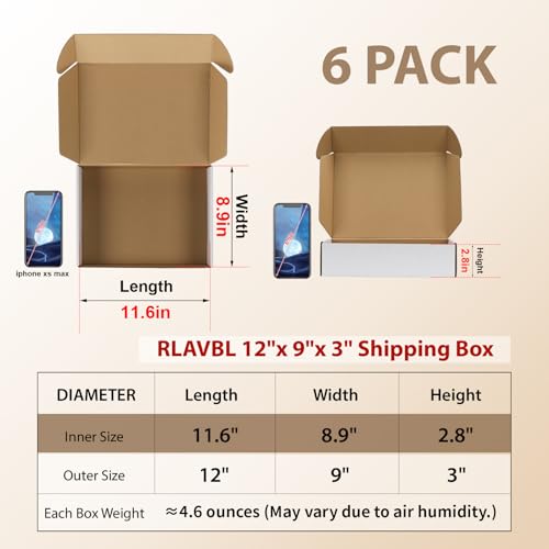 RLAVBL 12x9x3 Shipping Boxes Set of 6, White Corrugated Cardboard Box for Packing, Mailing, Business