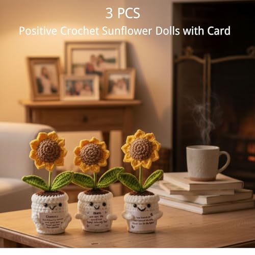 Positive Crochet Sunflower Gift Set of 3 with Message Cards – Emotional Support Handmade Flower, Thank You Appreciation Fa...