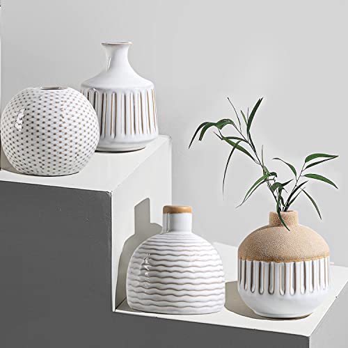 LIZOFER Boho Minimalist Small Ceramic Vase Set of 4 for Bedroom Living Room Office Fireplace Centerpiece Antique White Vin...