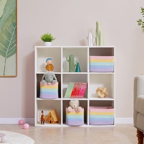 ENAORGAN Set of 4 Rainbow Rope Basket for Shelves Woven Rectangle Storage Basket Bins for Nursery Toy Storage for Baby Girl