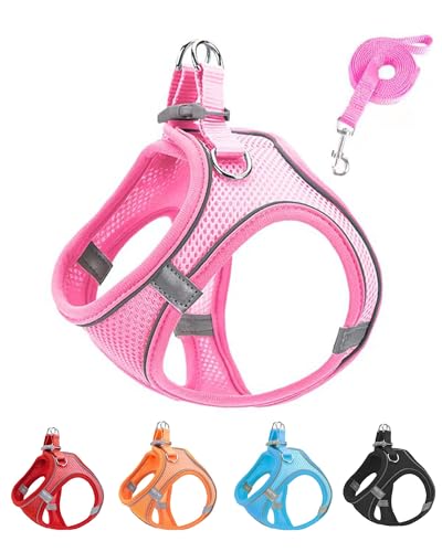 JUFOO XXXS Pink Soft Mesh Dog Harness and Leash Set,No Escape Puppy Harnesses for Training Walking， Reflective Adjustable ...