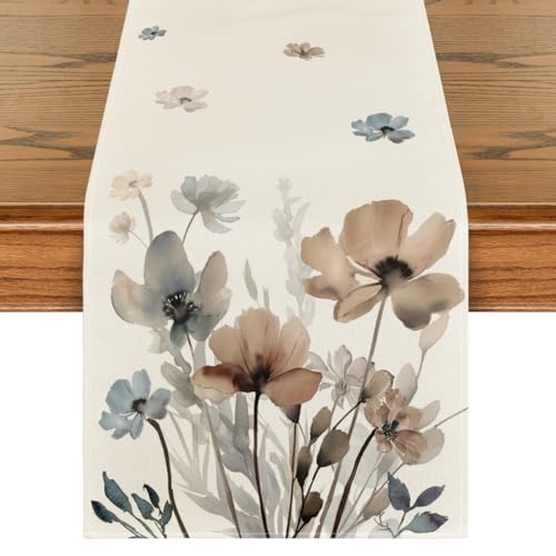 Artoid Mode Brown Poppy Floral Leaves Spring Table Runner, Seasonal Summer Kitchen Dining Table Decoration for Home Party ...