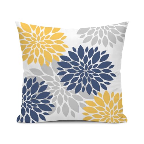 Navy Blue Yellow Pillow Covers 18x18 Inch , Spring Summer Geometric Elegant Dahlia Decorative Throw Pillows, Flower Outdoo...