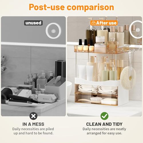 TasticTotes Bathroom Counter Organizer with Hairdryer Holder, 2-Tier 2-Drawer Shower Organizer for Skincare, Makeup Cosmet...