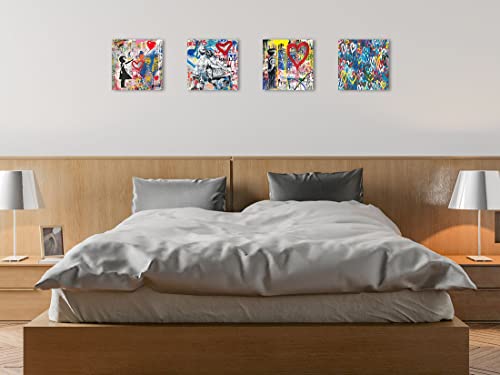 Biufo Banksy Canvas Wall Art Prints Pop Graffiti Street Art Pictures for Bedroom Living Room Wall Decor (12"x12"x4Pcs)