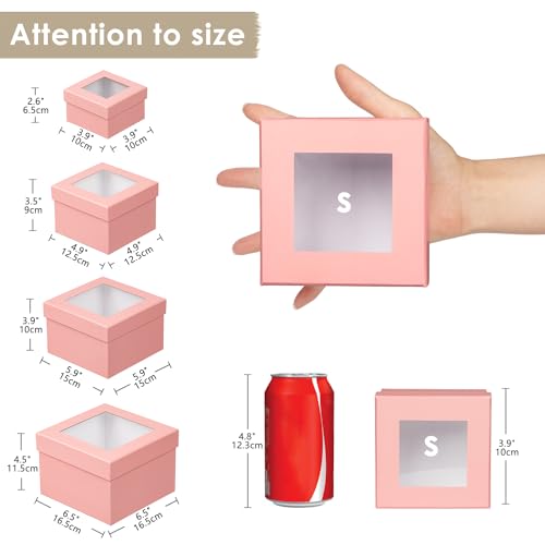 Oairse Square Gift Boxes with Lids for Presents Small Pink Gift Boxes with Clear Window Nesting Gift Boxes Set of 4 Flower...