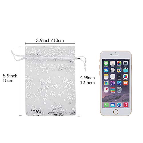 HRX Package 100pcs Snowflake Organza Gift Bags Christmas 4x6 inch, Small White Mesh Jewelry Pouches Little Drawstring Cand...