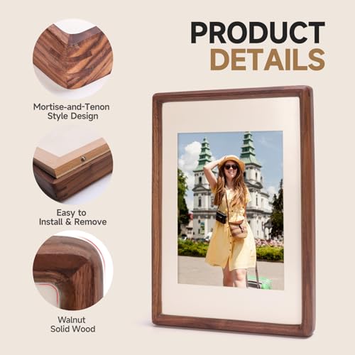 Solid Walnut Mini Picture Frame, Small Wood Photo Frame with Decorative Joinery Corners, Instax & Polaroid, Tabletop Displ...