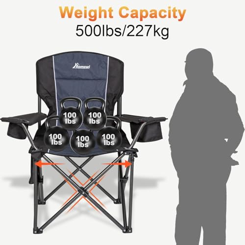 Romswi Oversized Camping Chairs,Heavy Duty Support 500 LBS,Padded Back & Arm Sport Chairs, Cup Holder Cooler Bag, Collapsi...