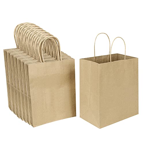Oikss 100 Pack 8x4.75x10 Inch Medium Brown Kraft Paper Bags with Handles Bulk for Wedding Birthday Party Favors Grocery Re...