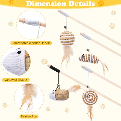 Leitee 20pcs Cat Interactive Toys Set Wooden Cats Teaser Wand Toy with Feather Handle Chew Rope Mouse Sisal Balls with Bel...