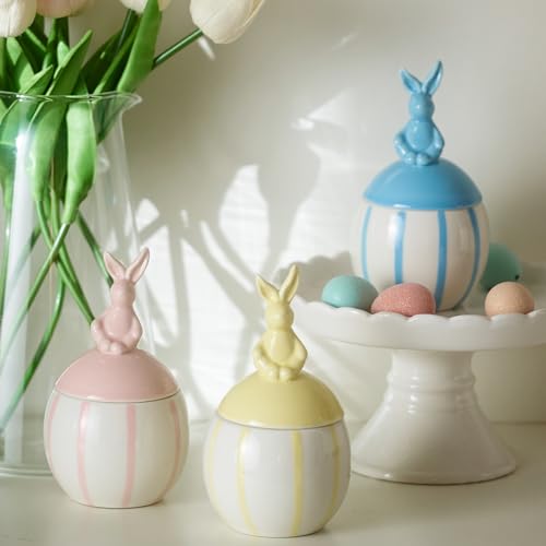 DN DECONATION 3-Pack Easter Bunny Ceramic Jar Scented Candles, Egg Shaped Soy Wax Candles with Rabbit Lid, Spring Home Dec...