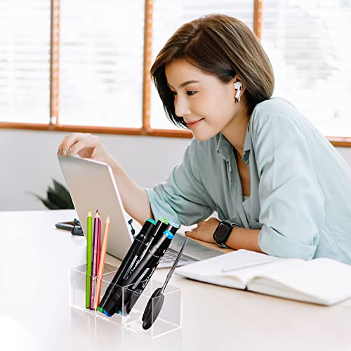 Epakh 2 Pieces Acrylic Cube Organizer 3 Compartments Clear Acrylic Pencil Holder Makeup Brush Drawer Organizer for Desk, O...