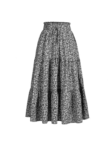 MSLG Women's High Elastic Waist Midi Skirt Casual Summer Trendy Tie Front Flowy Ruffle Floral Print A line Skirts 626