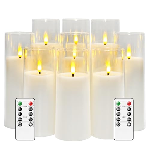 kakoya Flickering Flameless Candles Battery Operated with Remote and 2/4/6/8 H Timer Acrylic Led Pillar Candles Pack of 9...