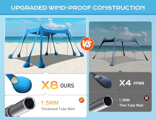 Rengue Beach Tent, Beach Canopy UPF50+ UV Protection, 10x10ft Beach Shade Sun Shelter with 8 Sandbags, Sand Shovels, Groun...
