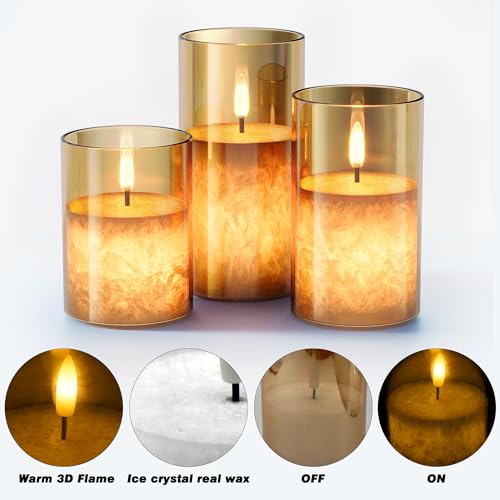 VIODAIM Ice Crystal Real Wax Glass Flameless Candles with Remote & Timer, Battery Operated Candles with Warm Flickering Fl...