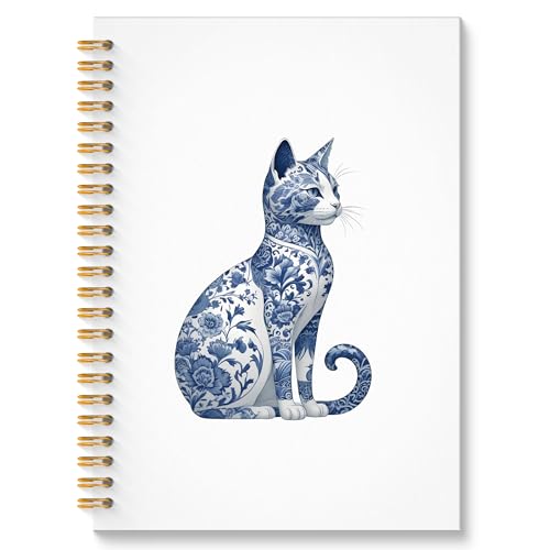 ROXMART Vintage Blue Chinoiserie Cat Spiral Notebook, Cat Lovers Mom Lady Gifts Journal, Blue and White Porcelain Floral K...