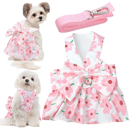 Dog Dress Bowknot Harness Leash Set for Small Girl Dogs Pink Floral Dog Cat Clothes Cute Puppy Outfits Pet Clothes Spring ...