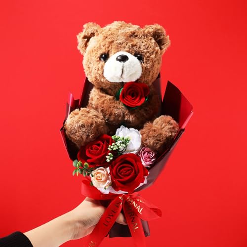 PullCrease Bear Flower Bouquet for Women 15in Rose Plush Bear Box Artificial Bouquet Necklace and Card for Graduation Anni...