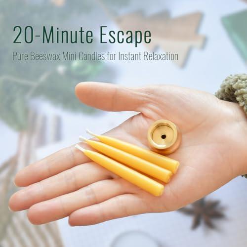 20 Minute Pure Beeswax Candles, Dripless Meditation Candles, Mini Taper Candles, Set of 20 with Brass Candle Holders.