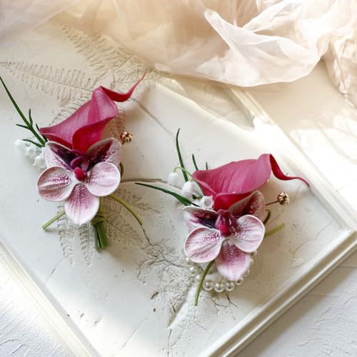 MAFELOE 2 Pieces Corsage and Boutonniere Set, Artificial Calla Lily& Orchid Flowers Accessories Decorations for Wedding Pr...