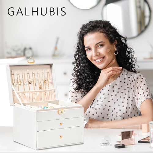 GALHUBIS Jewelry Box, 3 Layers Leather Jewelry Storage Display Box for Women, Gift Case, 2 Drawers, Large Capacity for Nec...