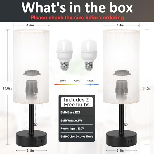Fenmzee Bedside Table Lamps Set of 2-3 Color Temperatures Pull Chain Lamp with AC Outlet Charging Port, Small Round Night ...